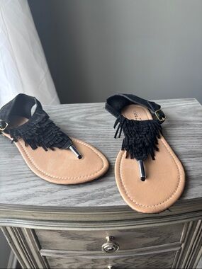Sara Black Fringe Thong Sandals with Tan Footbed
